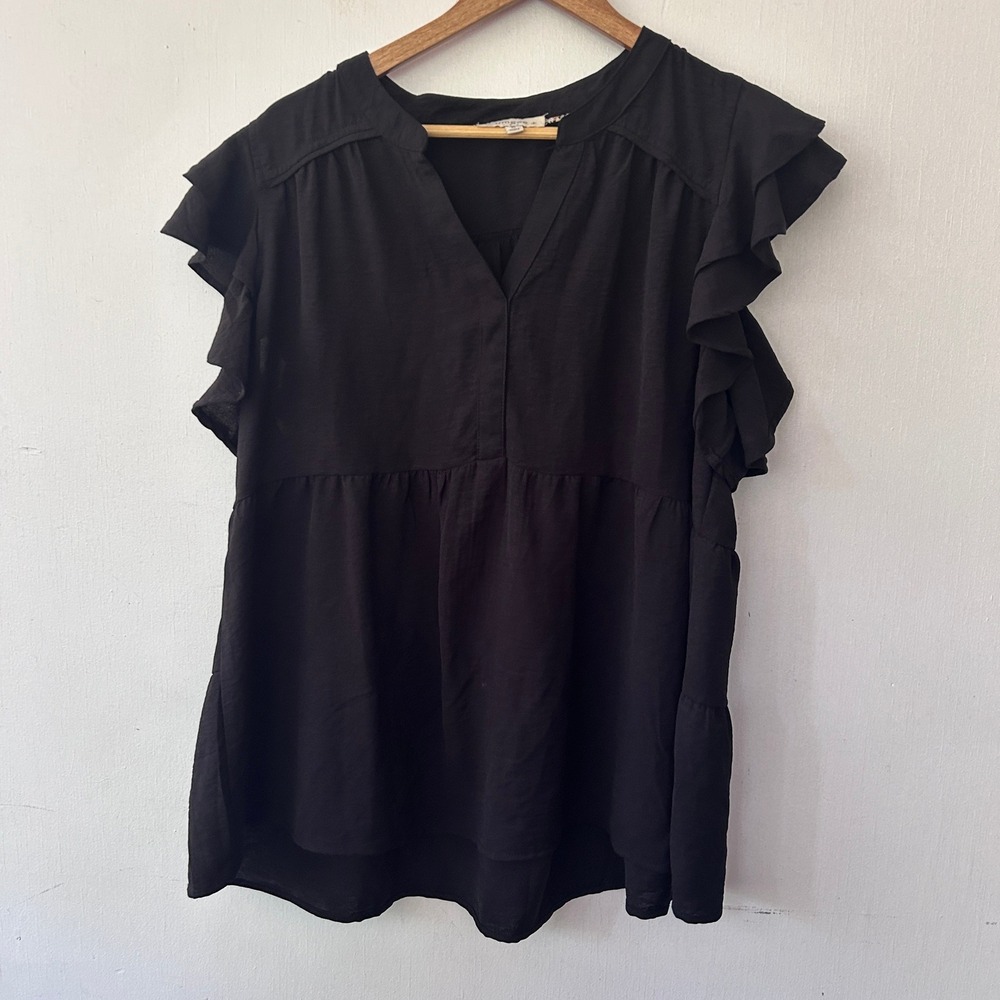 Umgee Blouse Women XL Black Flutter Sleeve Tiered Babydoll Boho Dark Romantic